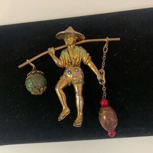 Vintage 1940’s rare Rice Weiner enameled gold tone Chinese water carrier boy pin